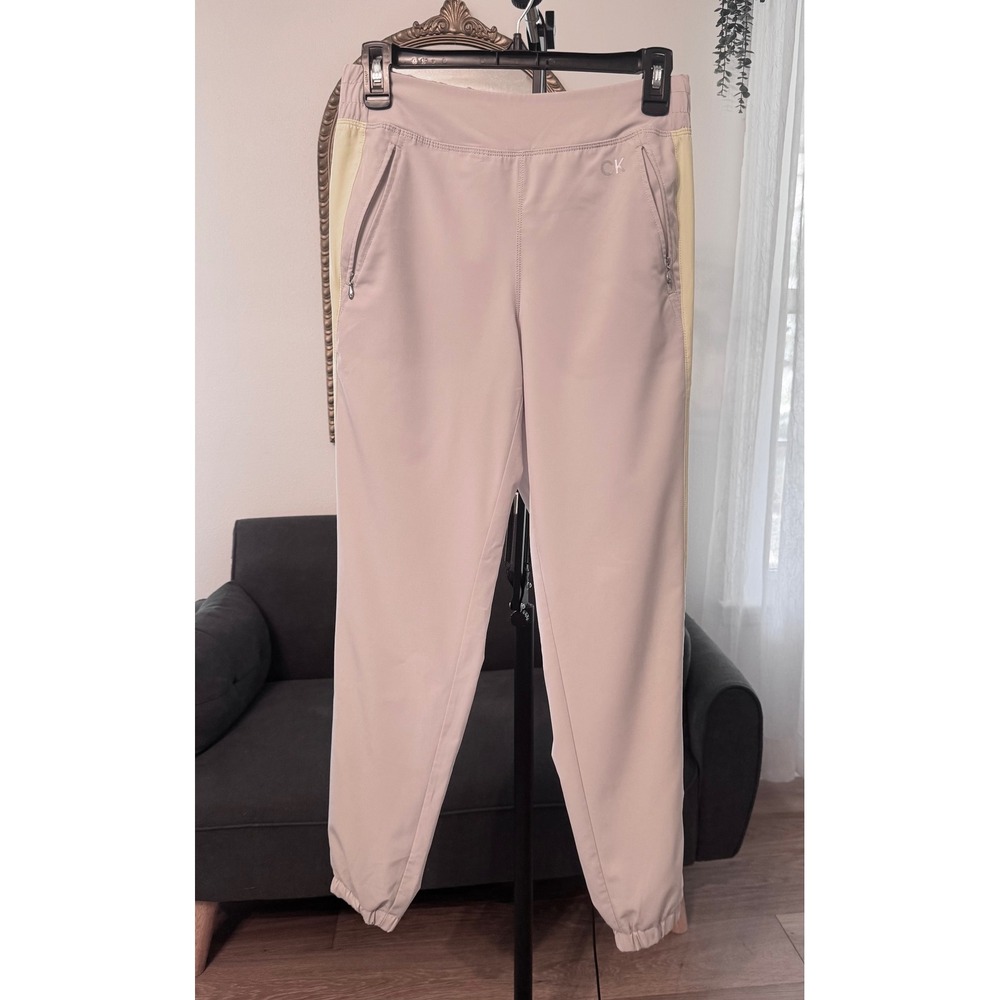 CK Performance Women XS Joggers Tan Neon Yellow Stripe Zip Pocket Pants